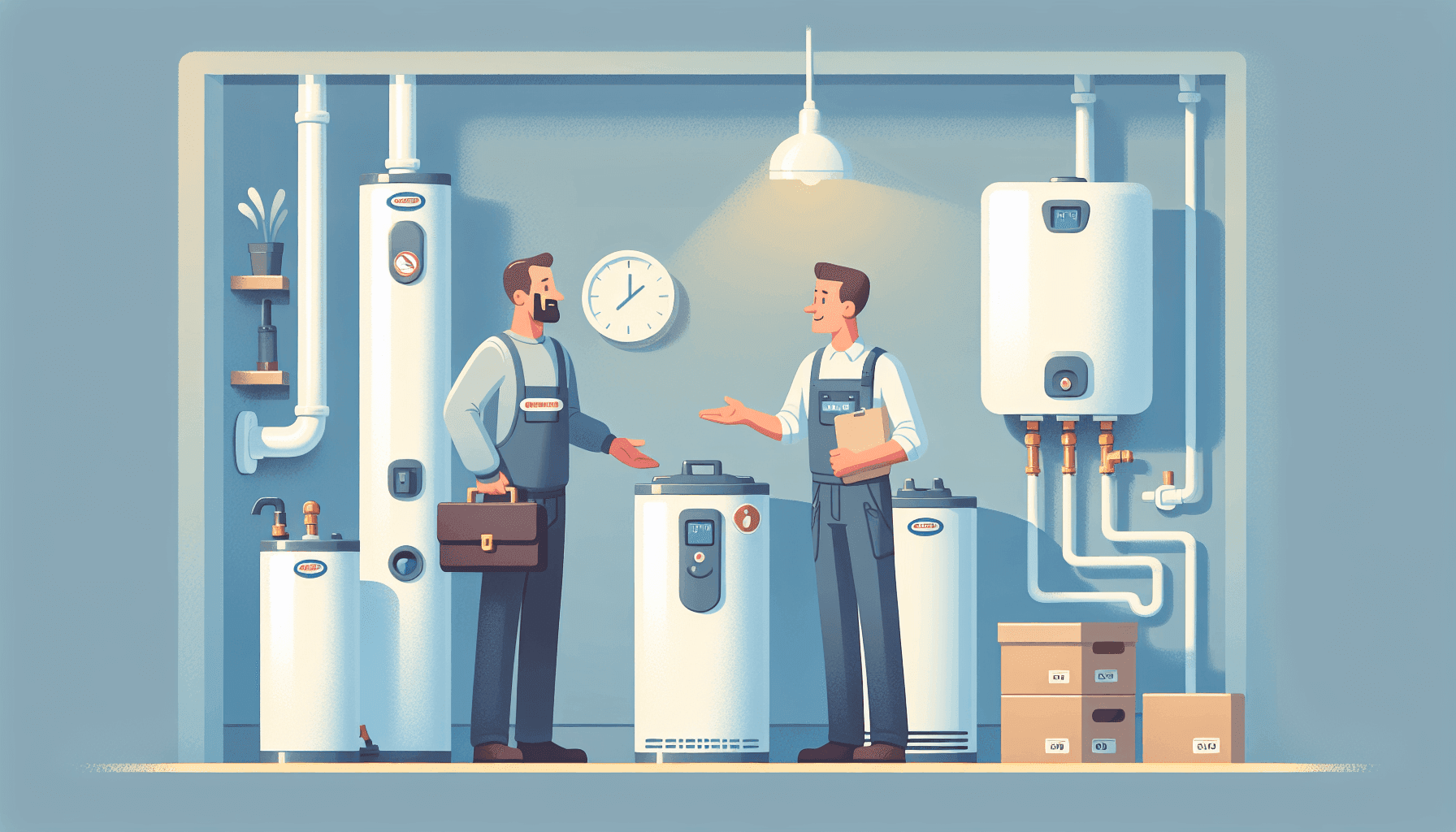 Illustration of plumber advising homeowner on water heater choices