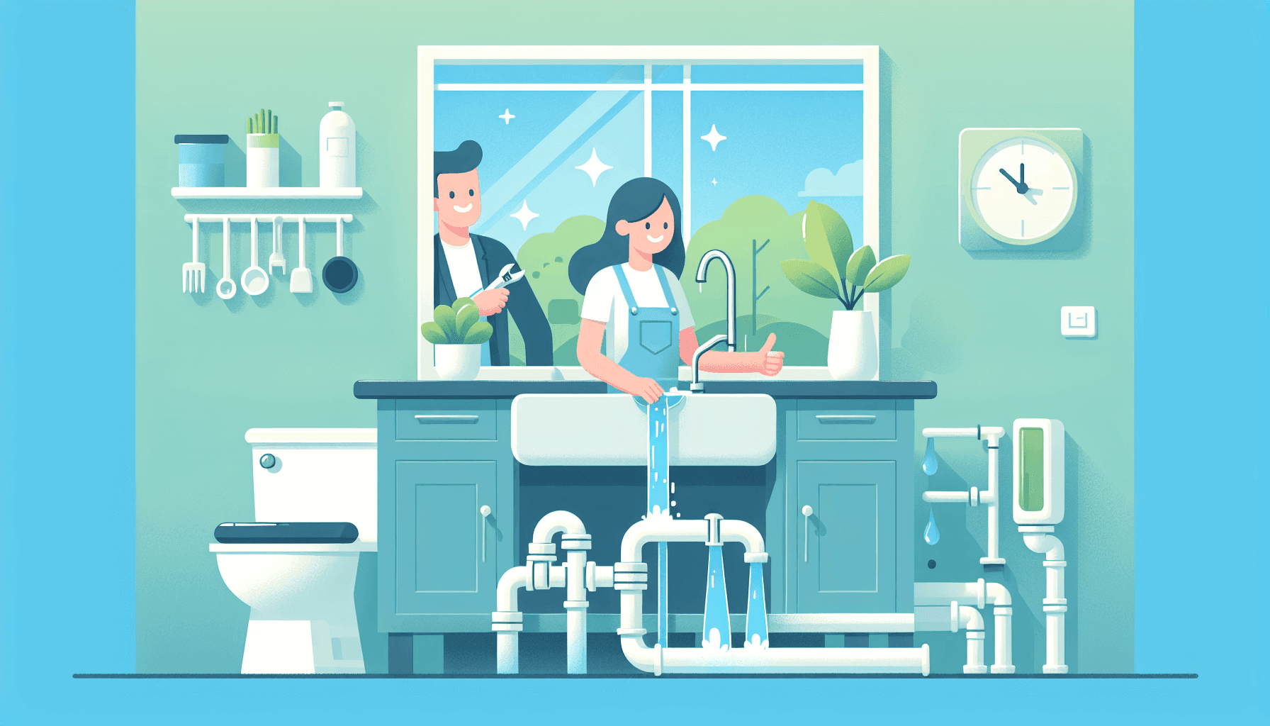 Illustration of kitchen and bathroom sinks with clear drains