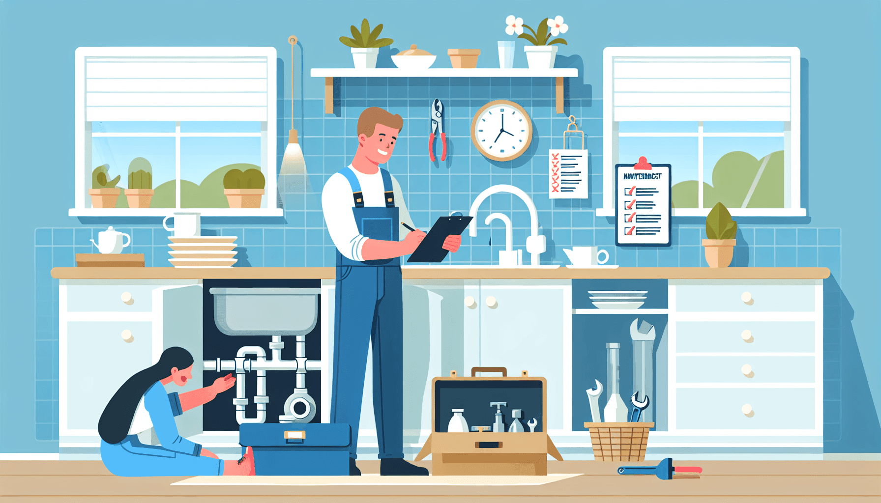 Illustration of plumber performing routine maintenance under sink