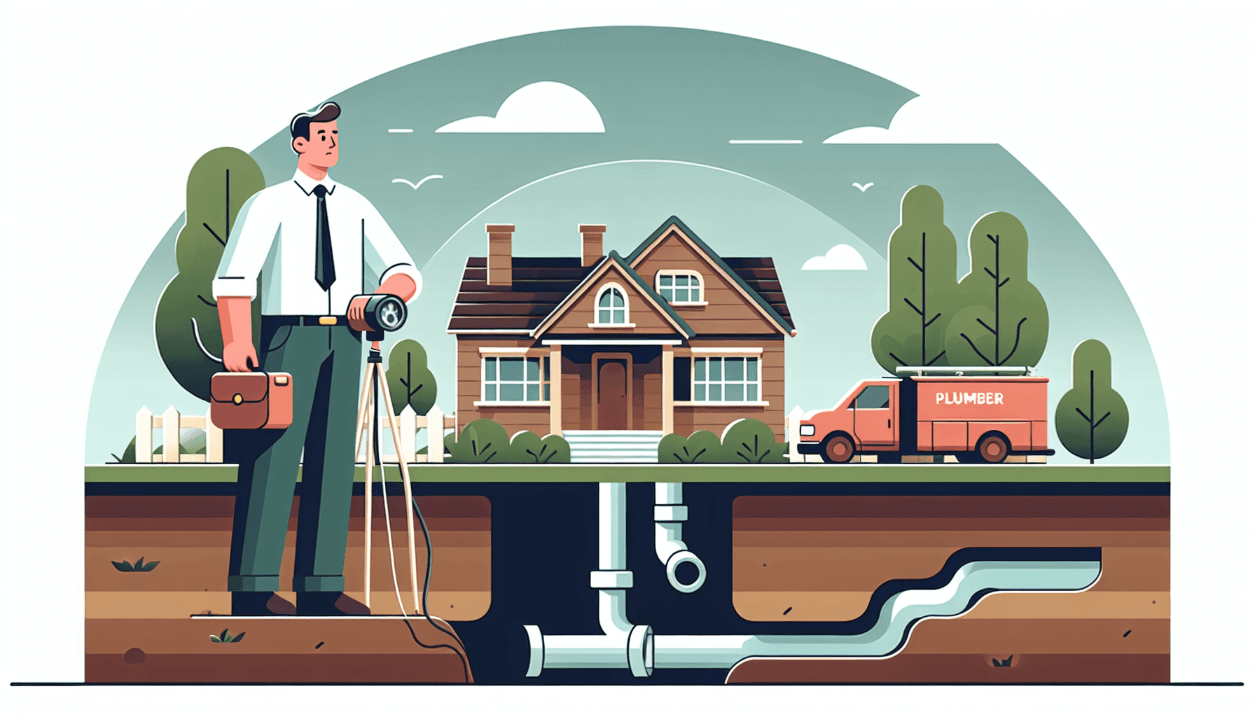 Illustration of plumber inspecting a yard for sewer line problems