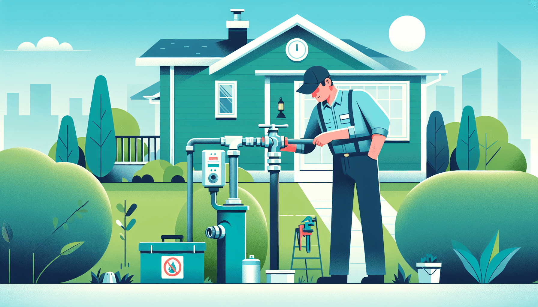 Illustration of plumber installing a backflow prevention device